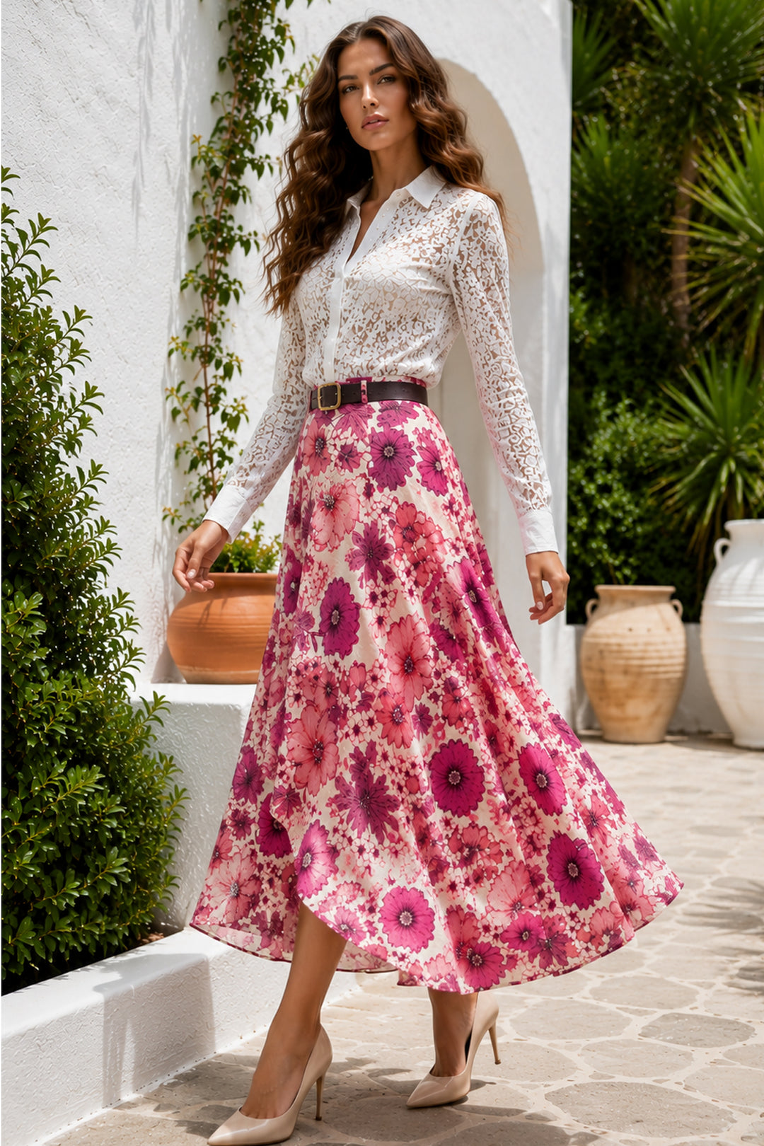 BNG Women Çiçek Desenli Kemerli Etek A60699-Em Pembe - Sankt Pölten