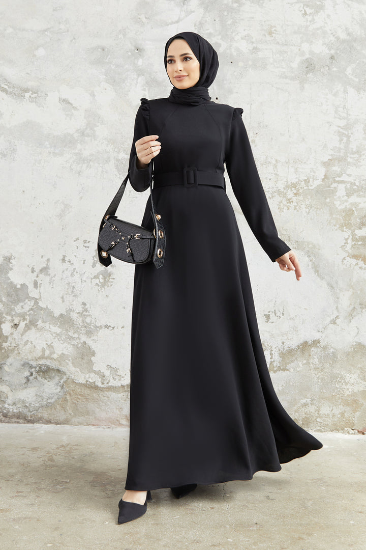 ZRF Women Shoulder Ruffle Belted Dress - Black - Perote