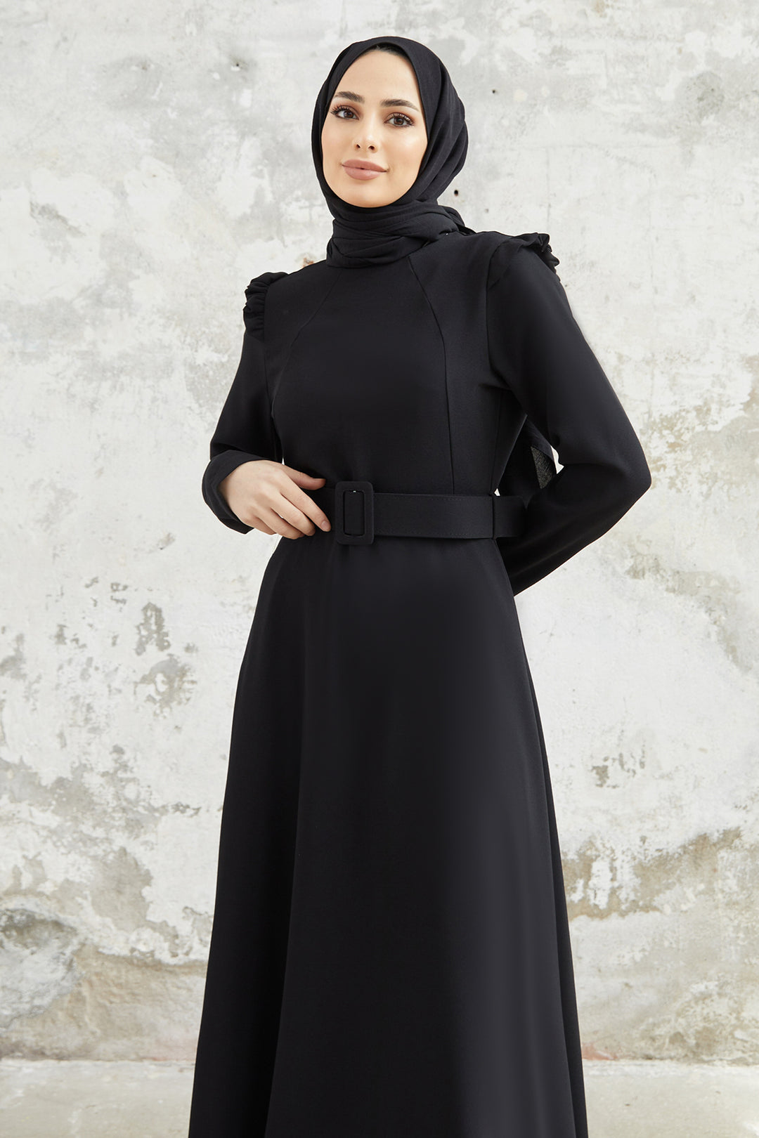 ZRF Women Shoulder Ruffle Belted Dress - Black - Perote