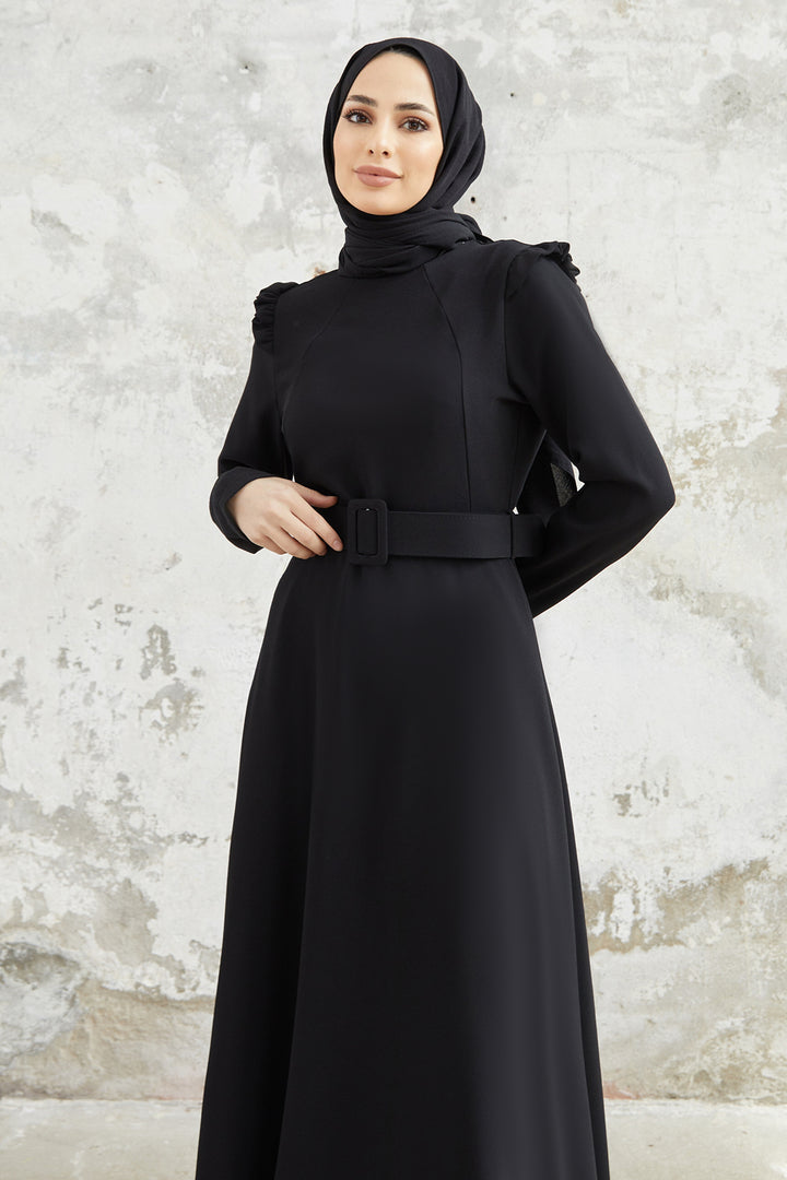 ZRF Women Shoulder Ruffle Belted Dress - Black - Perote