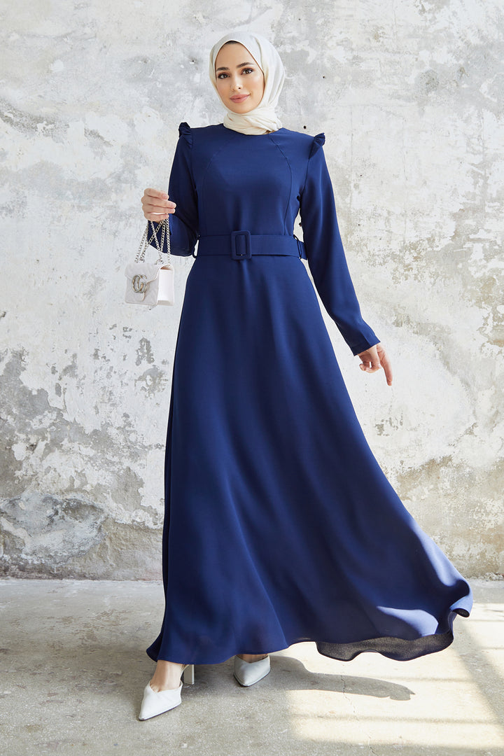 ZRF Women Shoulder Ruffle Belted Dress - Indigo - Dresden