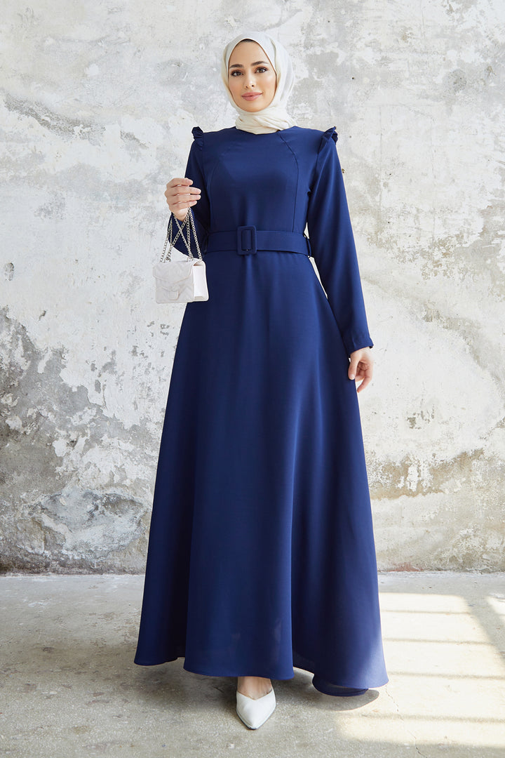 ZRF Women Shoulder Ruffle Belted Dress - Indigo - Dresden