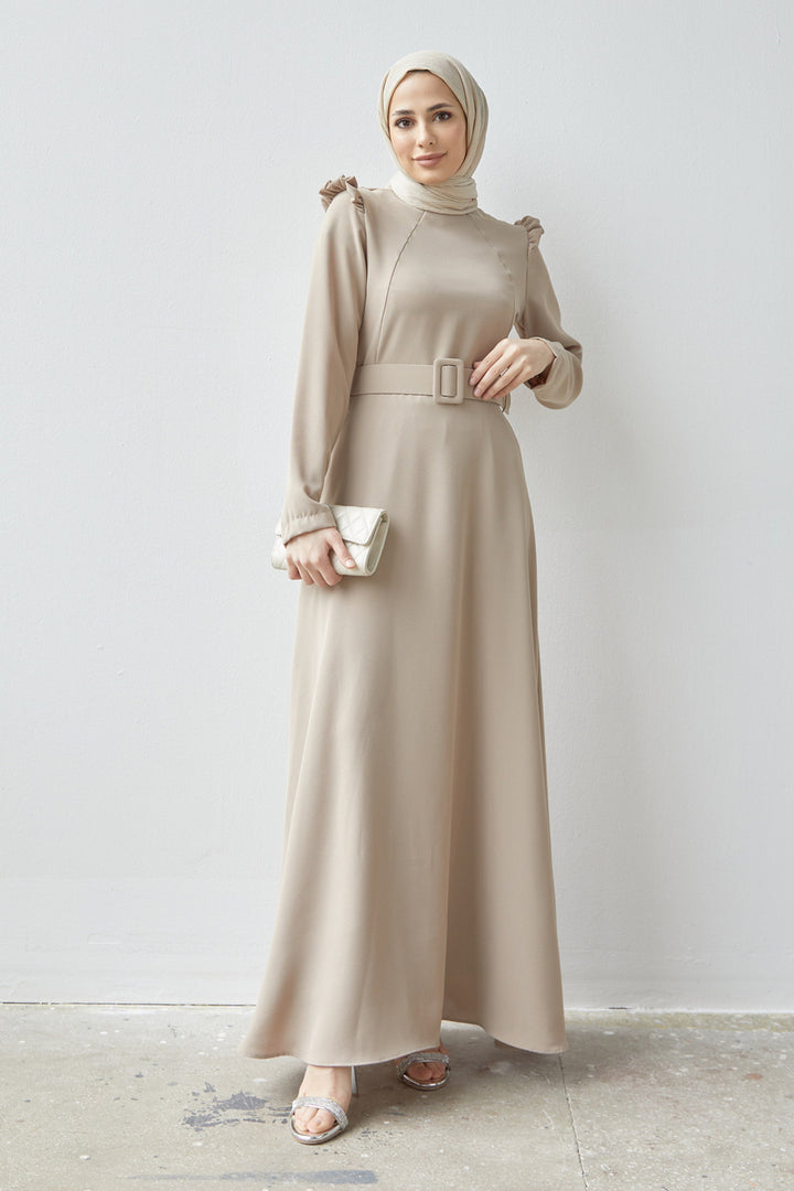 ZRF Women Shoulder Ruffle Belted Dress - Beige - Salford