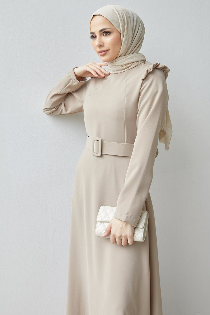 ZRF Women Shoulder Ruffle Belted Dress - Beige - Salford