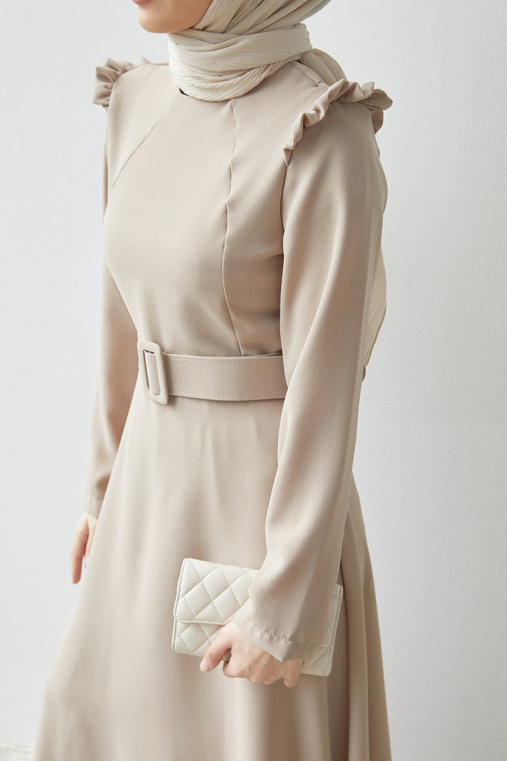 ZRF Women Shoulder Ruffle Belted Dress - Beige - Salford