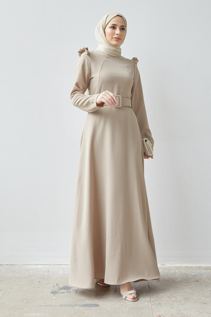 ZRF Women Shoulder Ruffle Belted Dress - Beige - Salford