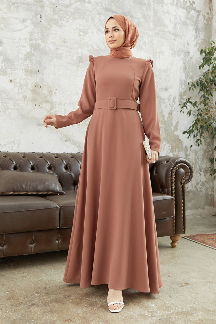ZRF Women Shoulder Ruffle Belted Dress - Camel - Bondy