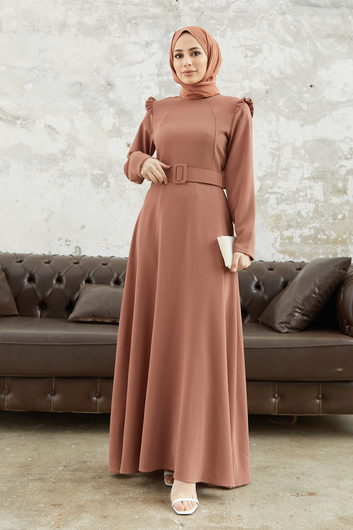 ZRF Women Shoulder Ruffle Belted Dress - Camel - Bondy