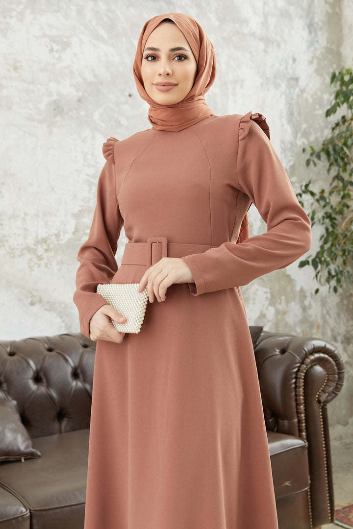 ZRF Women Shoulder Ruffle Belted Dress - Camel - Bondy