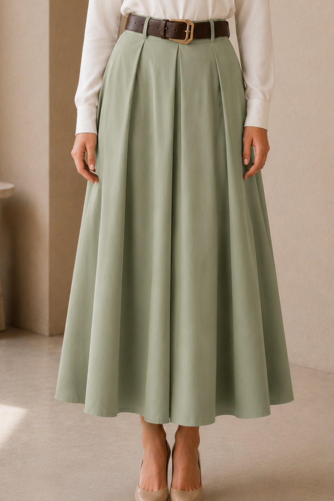 BNG Women Kemerli Poplin Etek N223 Çağla - Gallatin