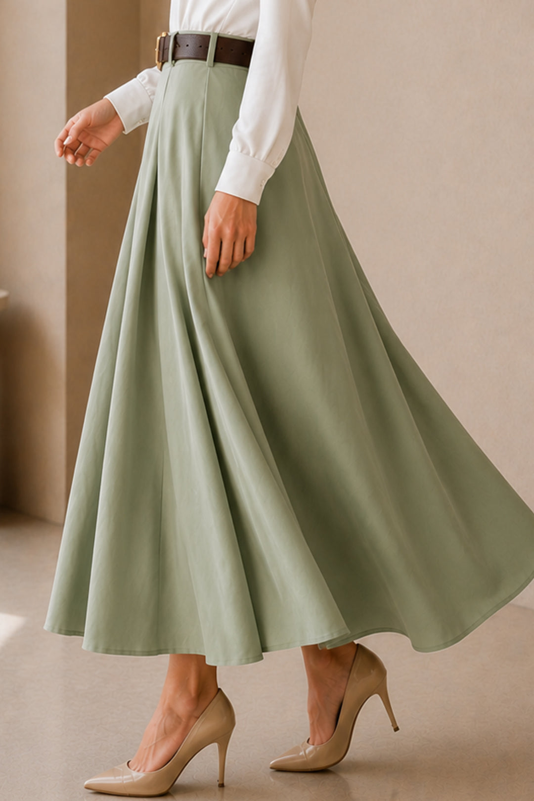 BNG Women Kemerli Poplin Etek N223 Çağla - Gallatin
