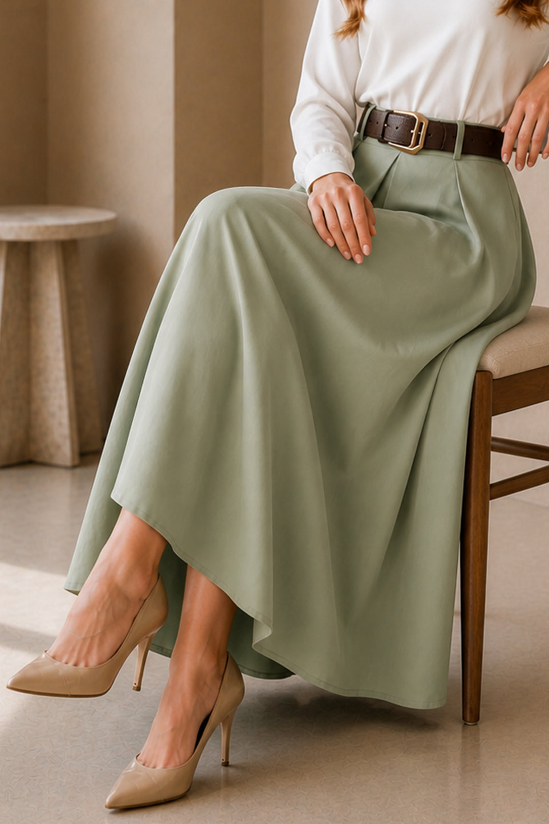 BNG Women Kemerli Poplin Etek N223 Çağla - Gallatin