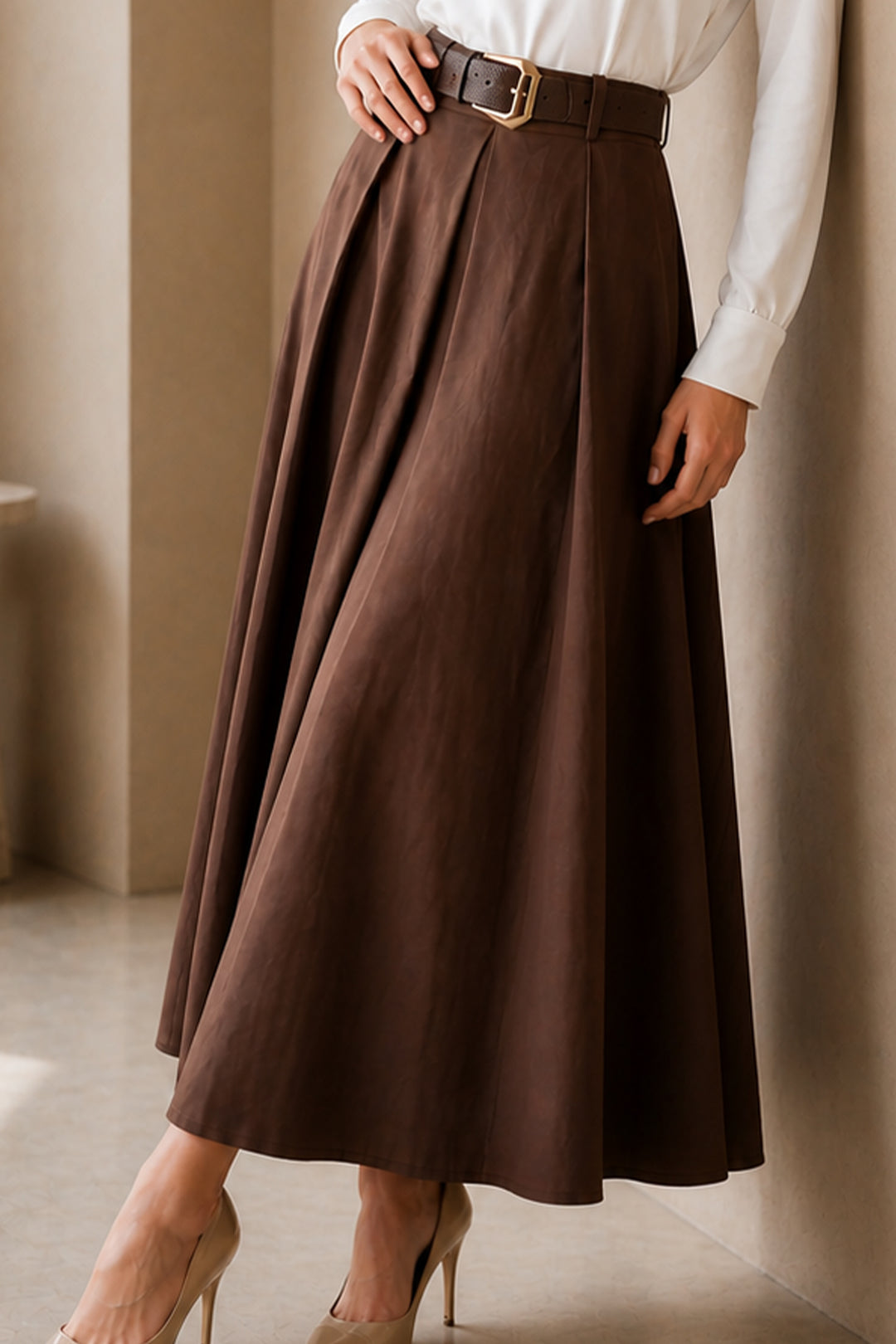 BNG Women Kemerli Poplin Etek N223 Kahverengi - Miranda de Ebro