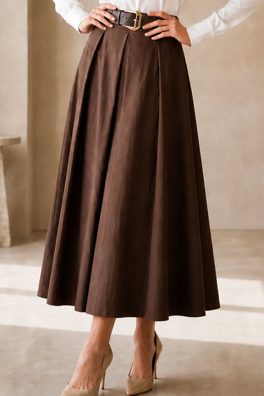 BNG Women Kemerli Poplin Etek N223 Kahverengi - Miranda de Ebro
