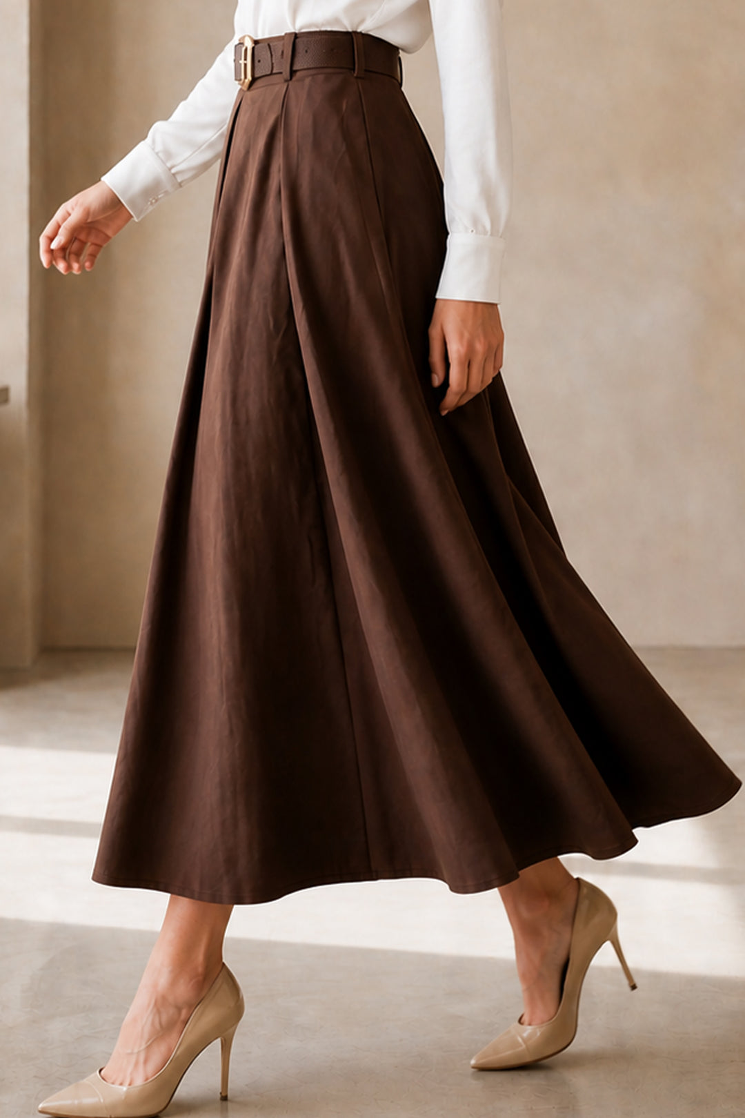BNG Women Kemerli Poplin Etek N223 Kahverengi - Miranda de Ebro