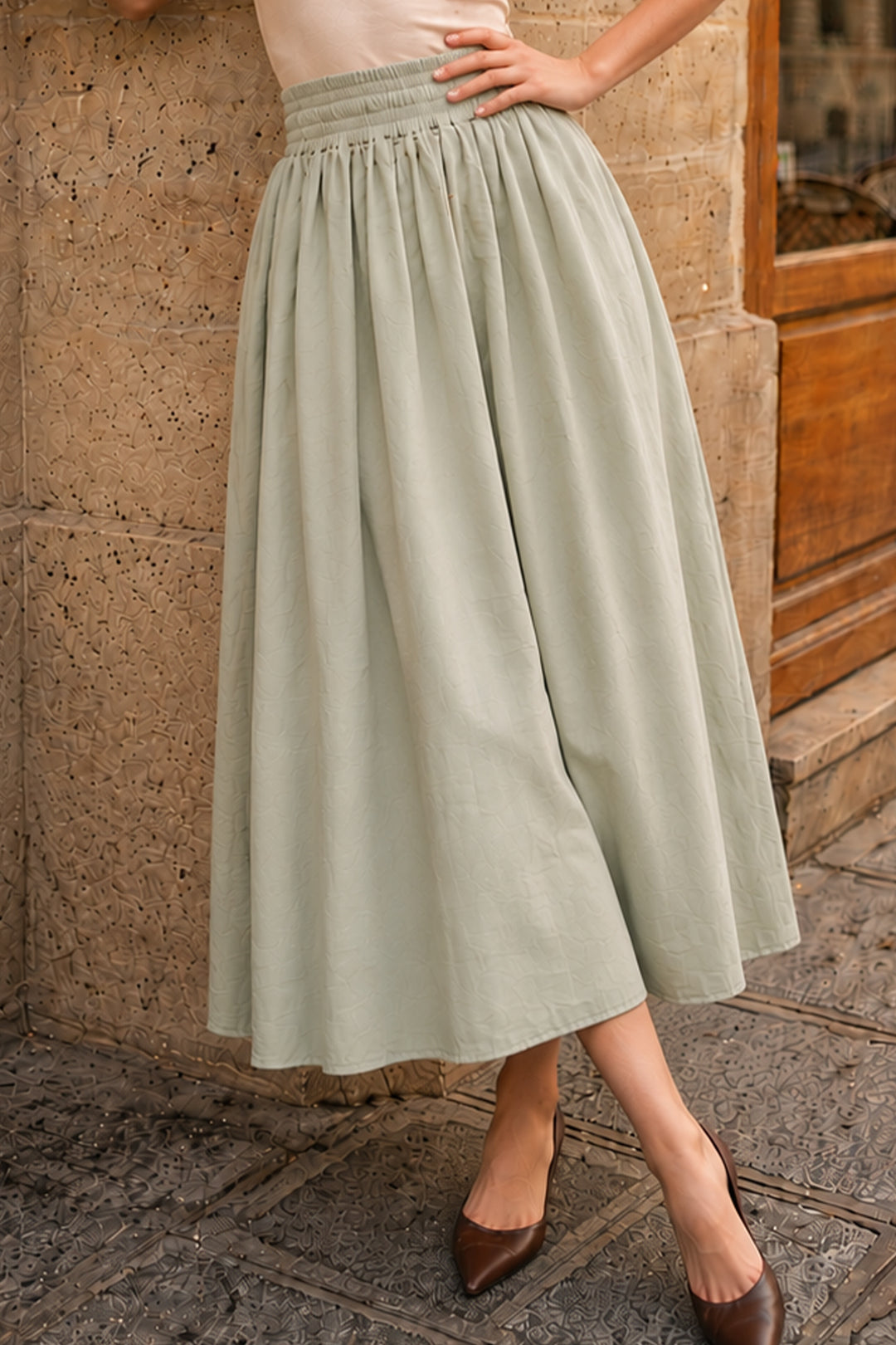 BNG Women Beli Lastikli  Poplin Etek N224 Çağla - Greenock
