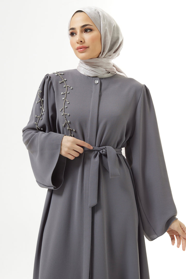 ZRF عباية نسائية مزينة بالأحجار - رمادي - لون العشب الفاتح