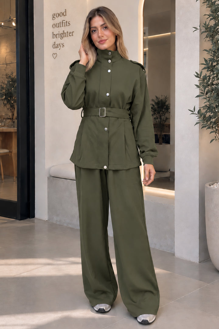 BNG Women Dik Yaka Fermuarlı İkili Takım A1417 Haki - Hameln