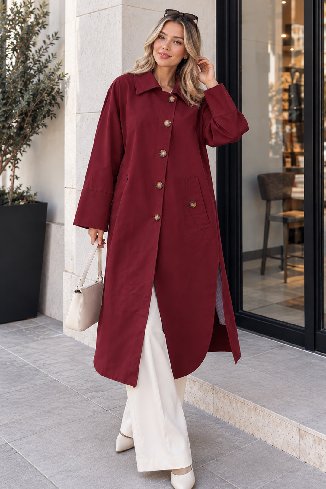 BNG Women Düğmeli Dik Yaka Trençkot A6246 Bordo - Everett