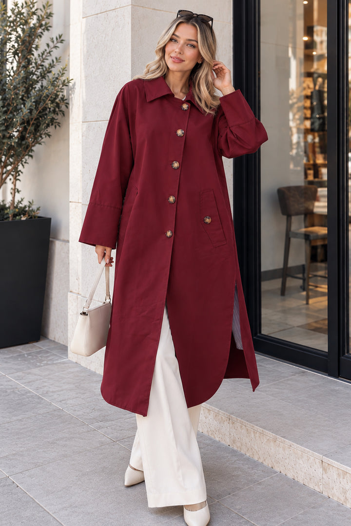 BNG Women Düğmeli Dik Yaka Trençkot A6246 Bordo - Everett