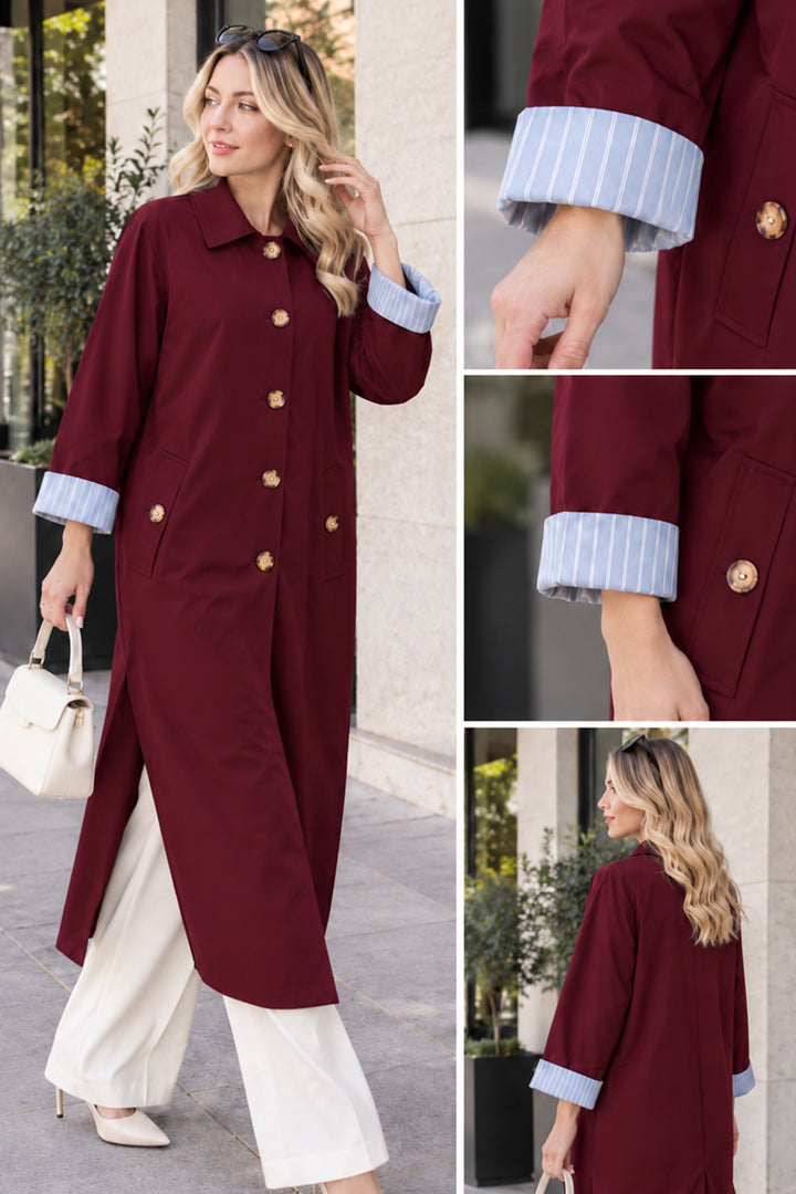 BNG Women Düğmeli Dik Yaka Trençkot A6246 Bordo - Everett