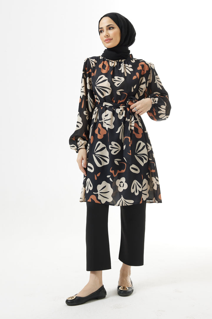ZRF Women Belted Patterned Tunic - Black - Basel