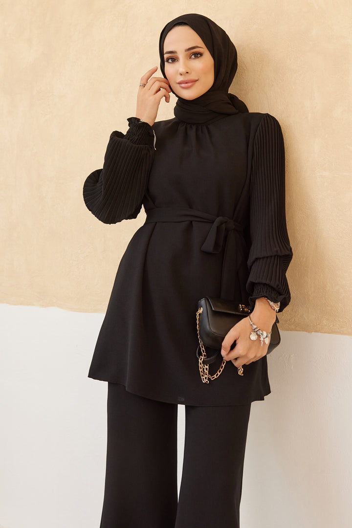 ZRF Women Sleeves Puffy Pants Tunic Set - Black - Tepotzotlán