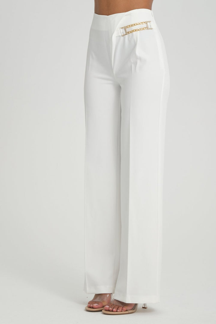 NDL Women Wide Leg Pants with Side Chain Detail White - Rodgau