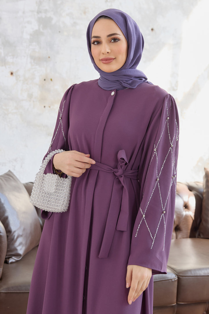 ZRF عباية نسائية بأكمام مزينة بالأحجار - أرجواني - Wauwatosa