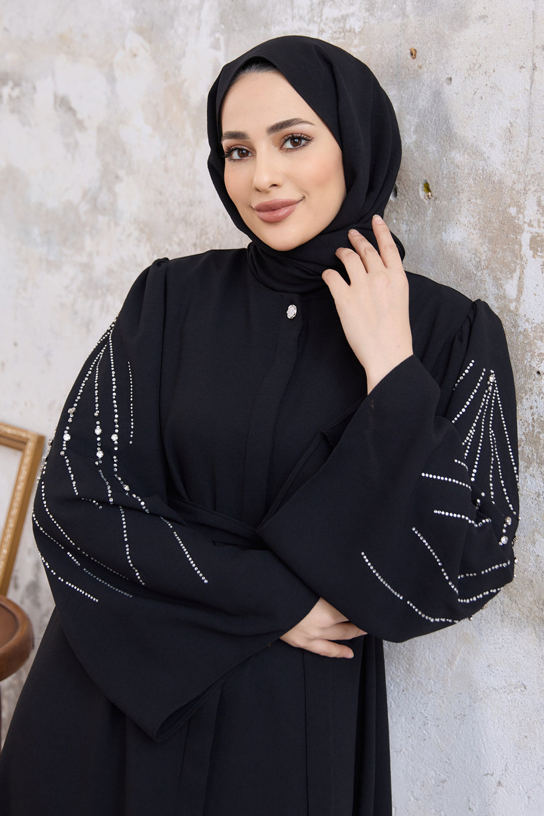 ZRF عباية نسائية منقوشة بياقة رونا - أسود - أجريجينتو