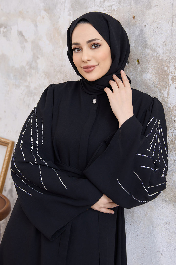 ZRF عباية نسائية منقوشة بياقة رونا - أسود - أجريجينتو