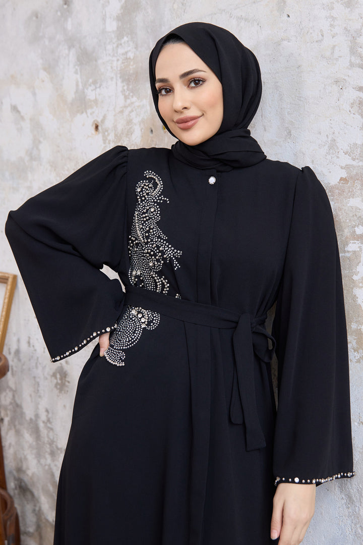 ZRF عباية نسائية لورا مزينة بالأحجار - أسود - أفونديل