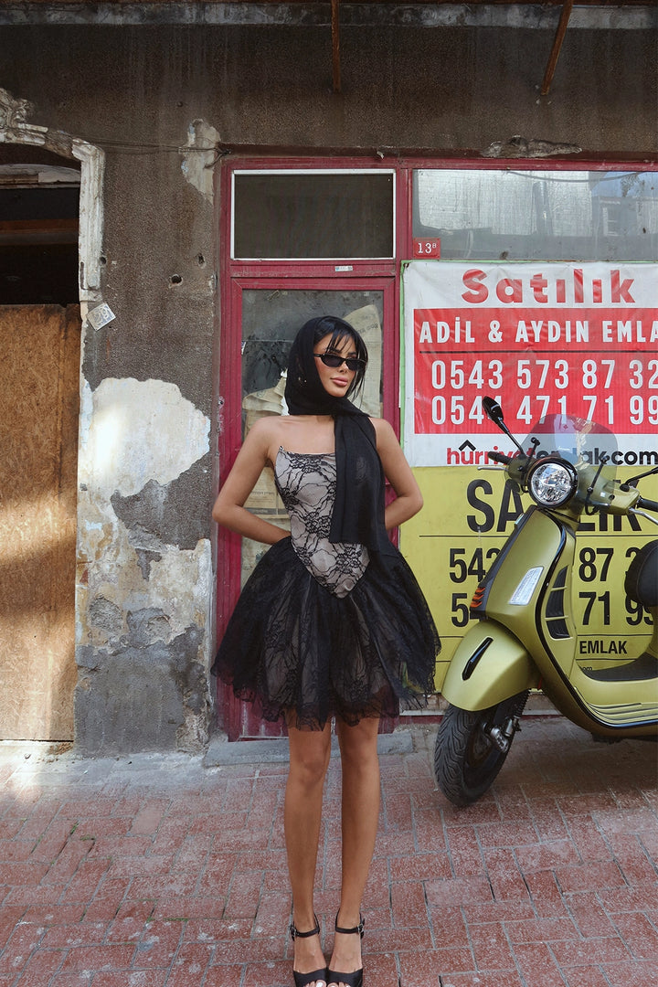 EYY Women Siyah Dantel Detaylı Askısız Mini Elbise - Pavia