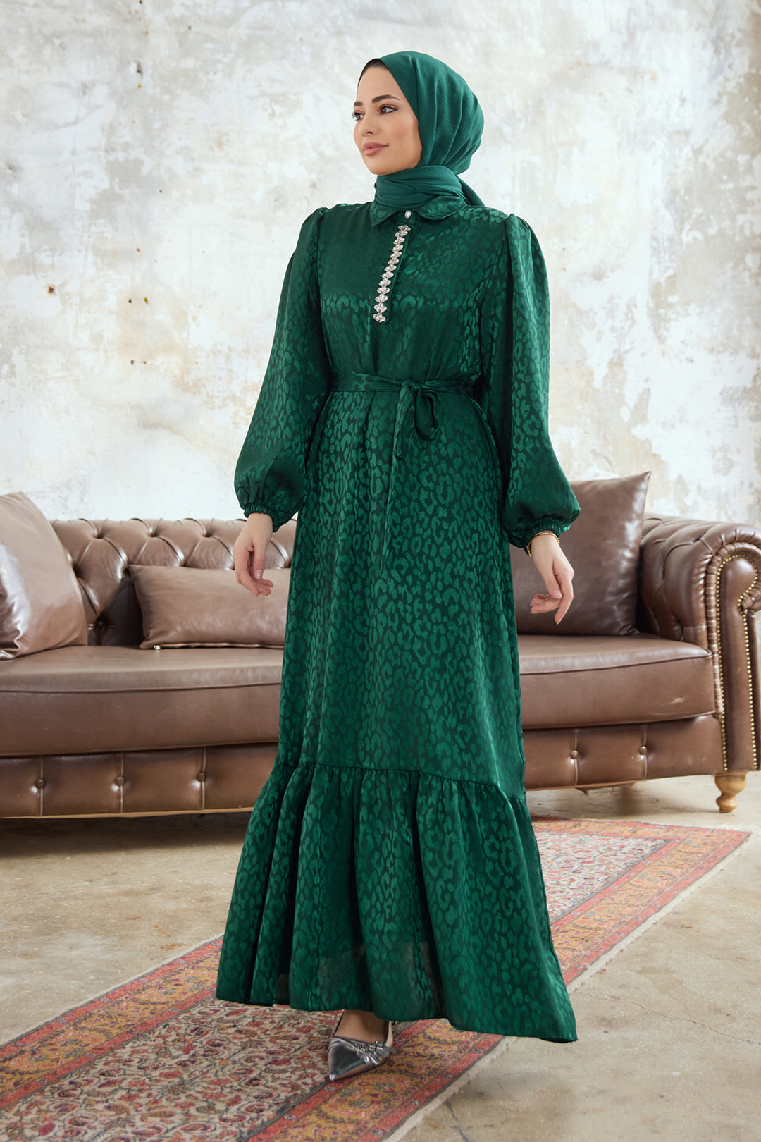 ZRF Women Liya Stone Embellished Jacquard Dress - Emerald - Leduc