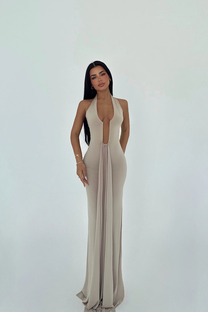 EYY Women Beige Back Detail Long Dress - Ames