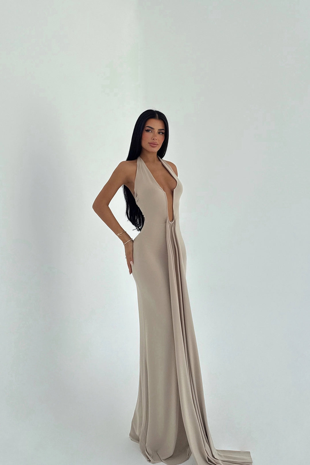EYY Women Beige Back Detail Long Dress - Ames