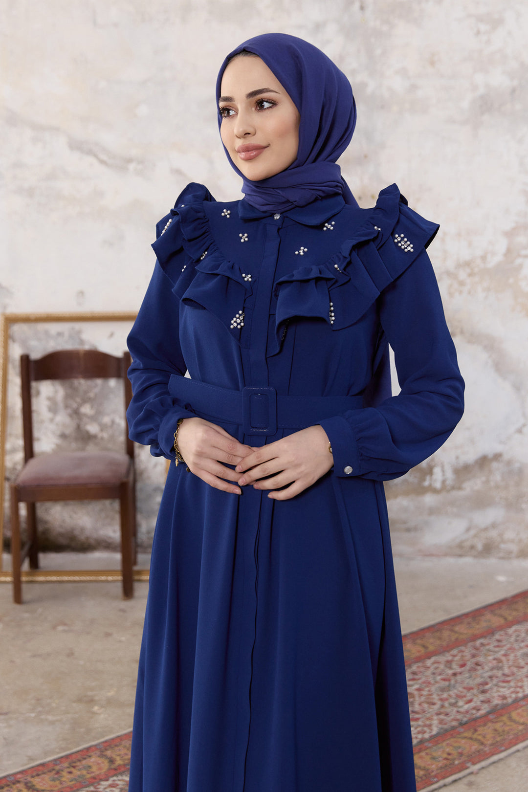 فستان ZRF نسائي مزين باللؤلؤ - نيلي - Hattingen