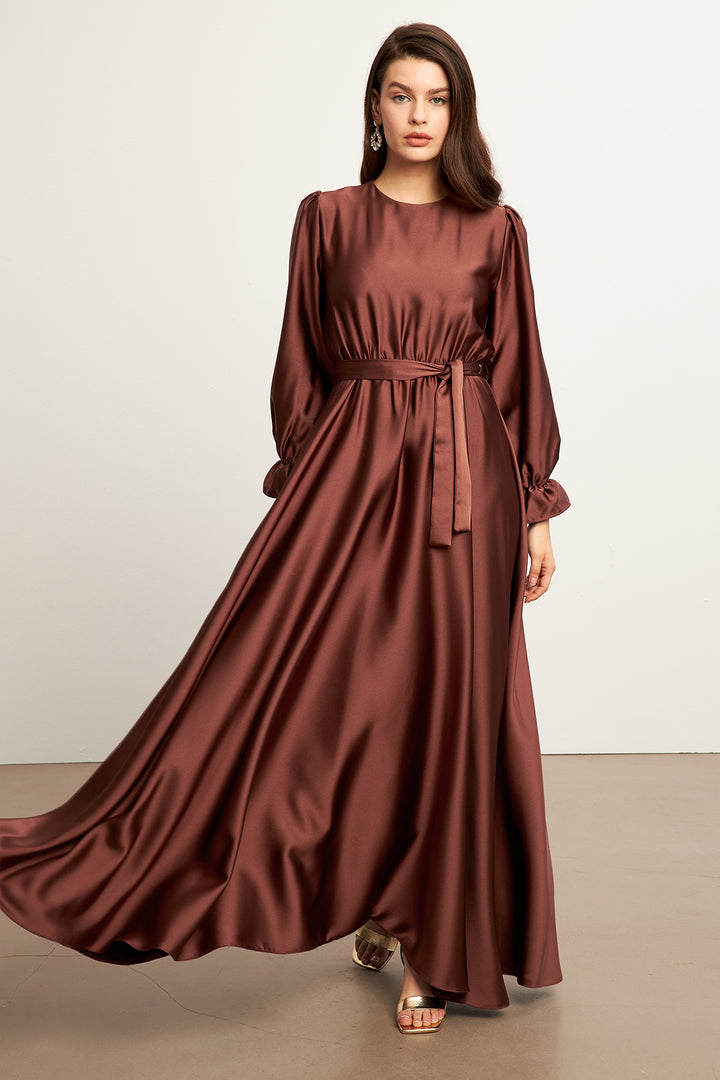 ZRF Women Liza Belted Satin Dress - Brown - Montréal