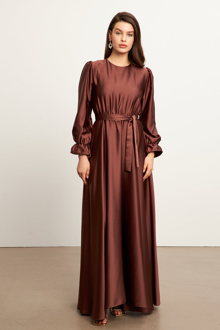 ZRF Women Liza Belted Satin Dress - Brown - Montréal