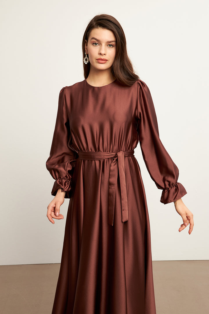 ZRF Women Liza Belted Satin Dress - Brown - Montréal
