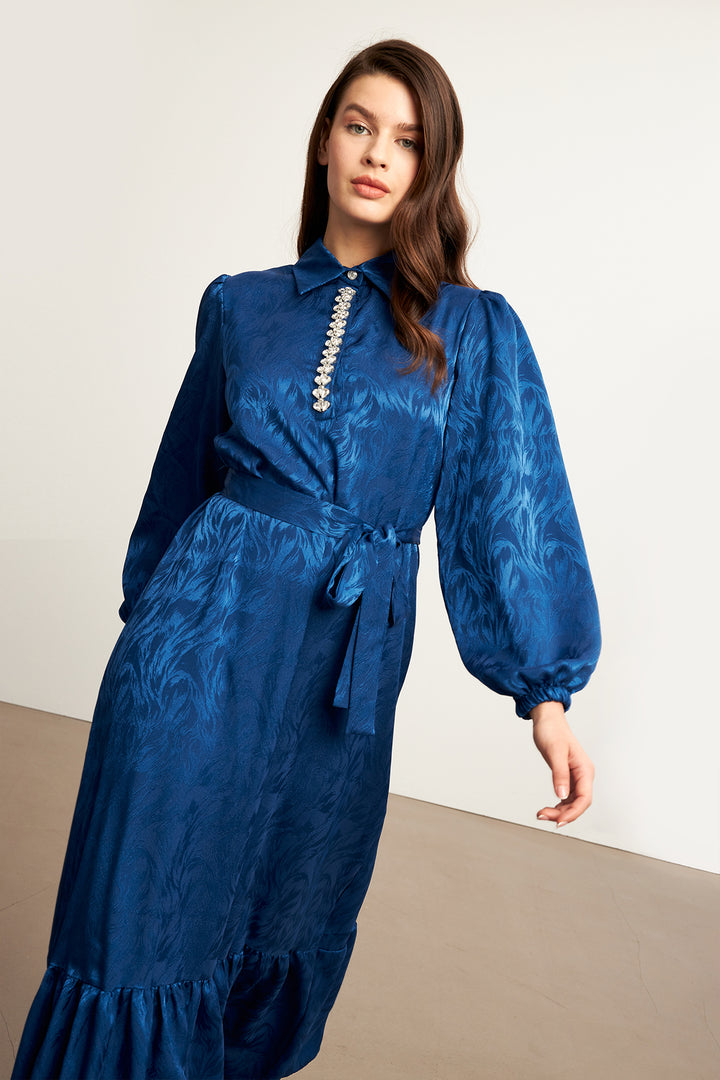 ZRF Women Royal Stone-Embellished Jacquard Dress - Indigo - Chapel Hill