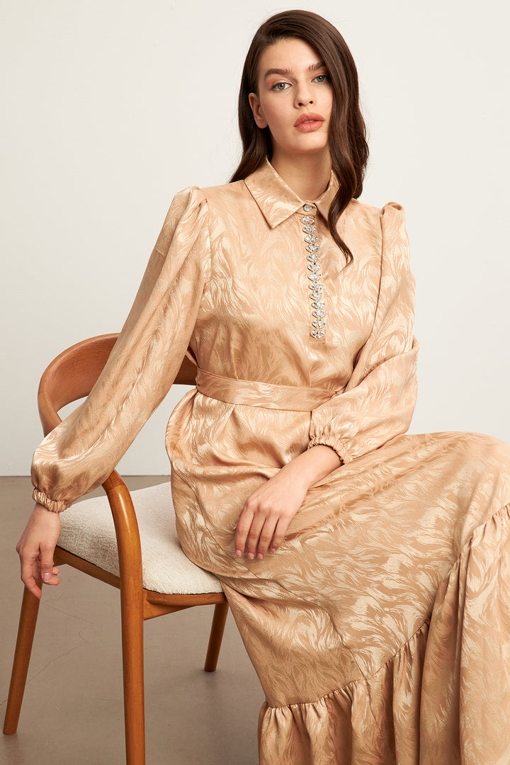 ZRF Women Royal Stone-Embellished Jacquard Dress - Gold - Marana