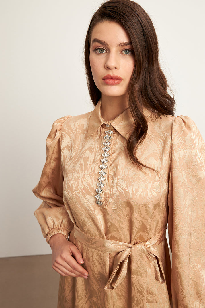ZRF Women Royal Stone-Embellished Jacquard Dress - Gold - Marana