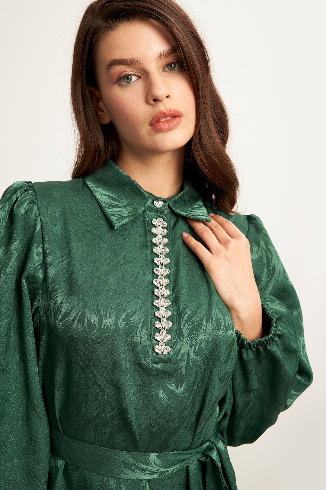 ZRF Women Royal Stone-embellished Jacquard Dress - Emerald - Hanford