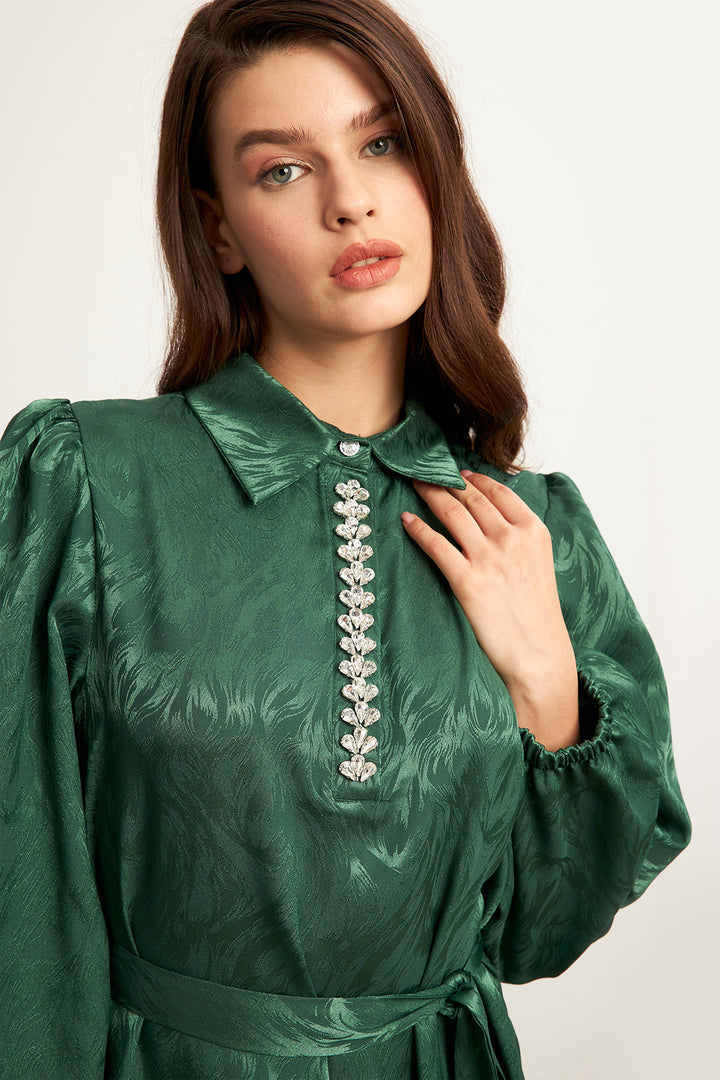 ZRF Women Royal Stone-embellished Jacquard Dress - Emerald - Hanford