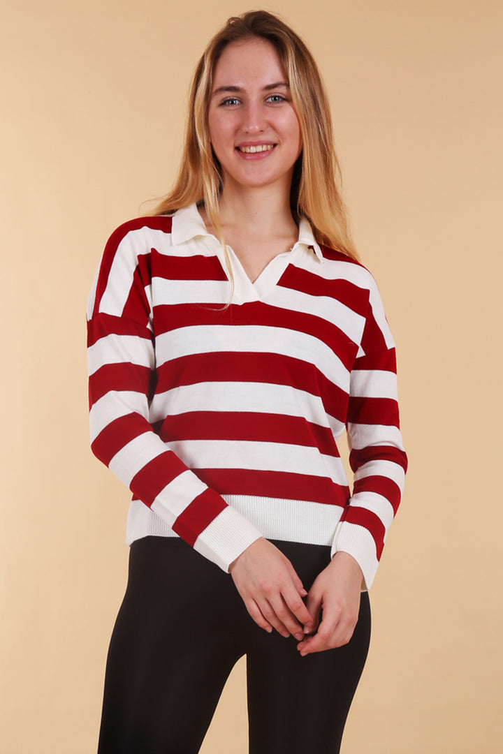 BGD Women Polo Neck Striped Sweater - Burgundy - Câmara de Lobos