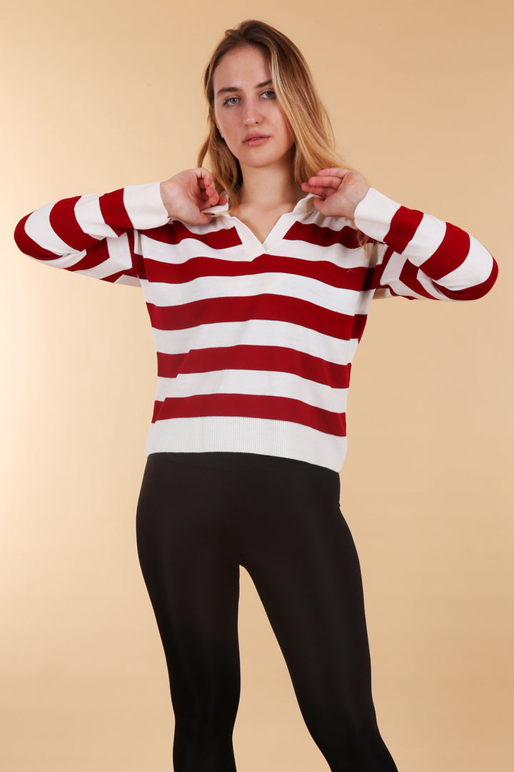 BGD Women Polo Neck Striped Sweater - Burgundy - Câmara de Lobos
