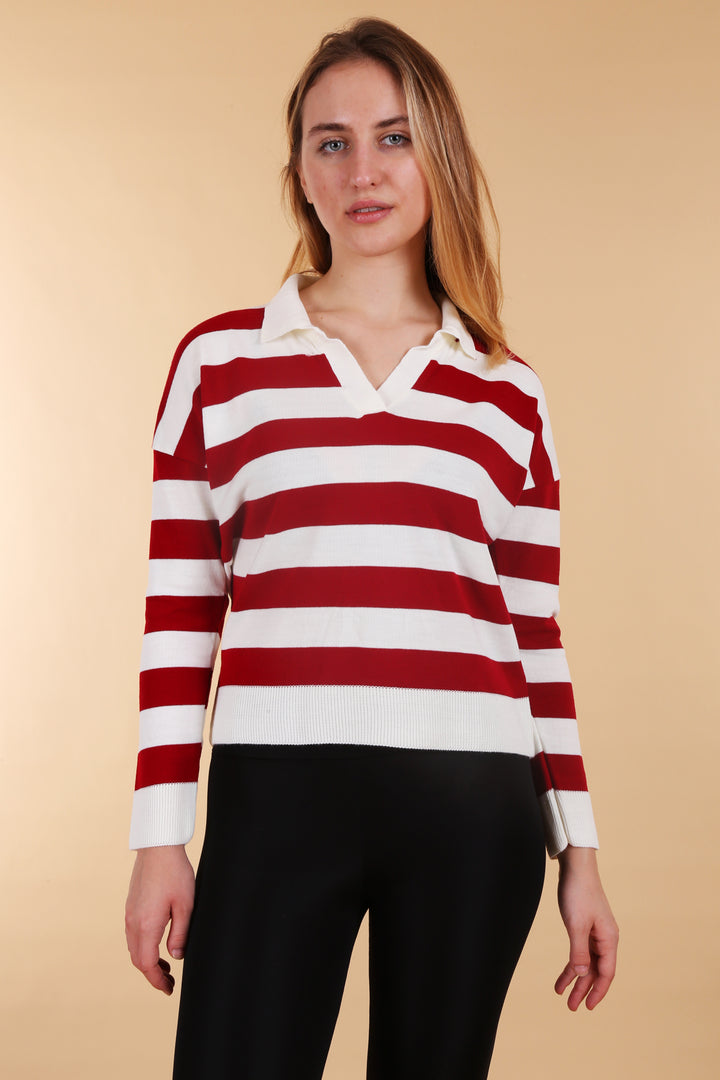BGD Women Polo Neck Striped Sweater - Burgundy - Câmara de Lobos