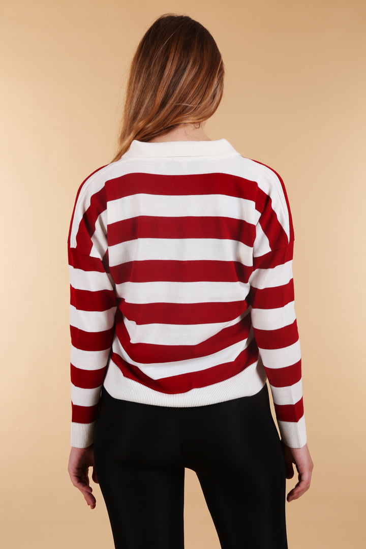 BGD Women Polo Neck Striped Sweater - Burgundy - Câmara de Lobos