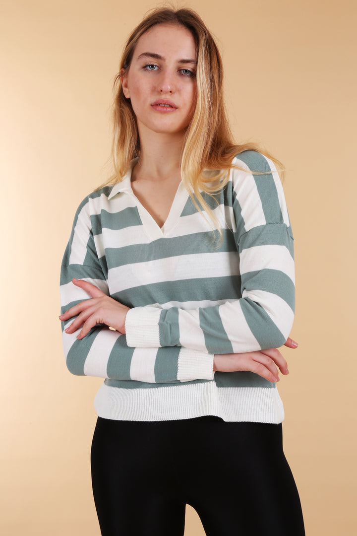 BGD Women Polo Neck Striped Sweater - Sage Green - Little Rock